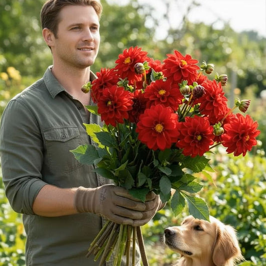 Dahlia Red Shades Figaro Seeds, attracts pollinators, container garden ready